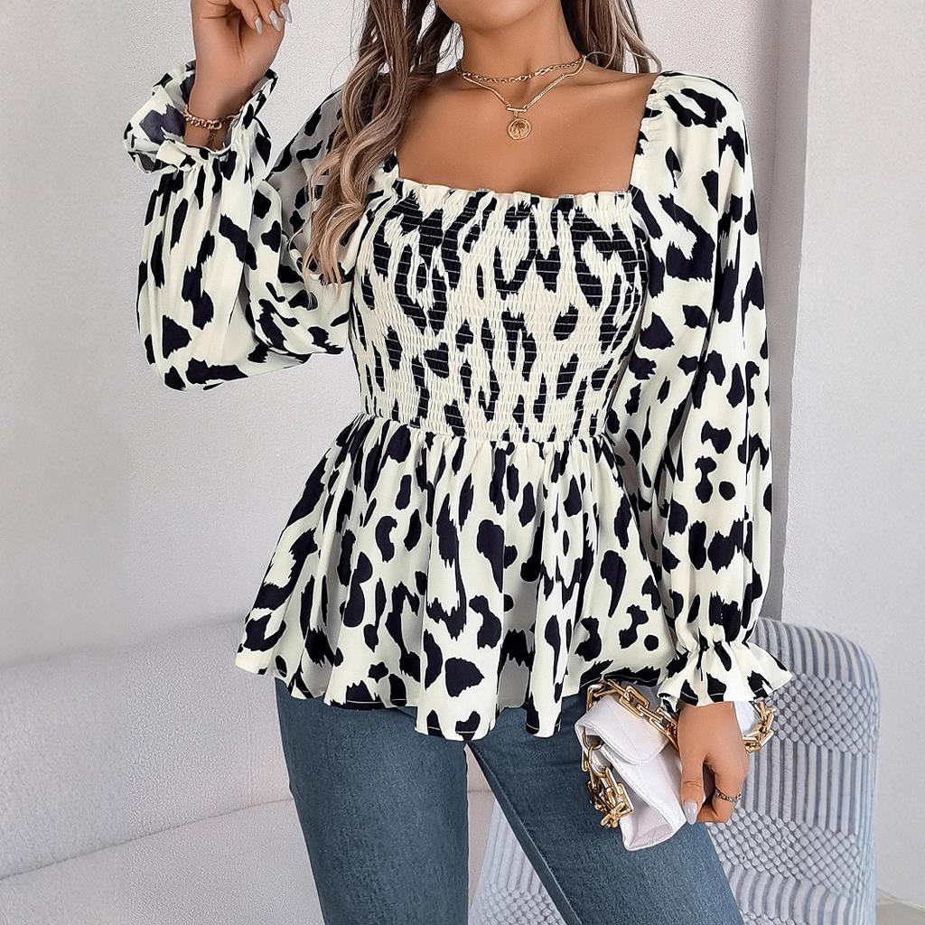 HNXC Autumn and Winter Casual Black Ear-trimmed Square Neck Leopard Print Long-sleeved Chiffon Blouse for Women
