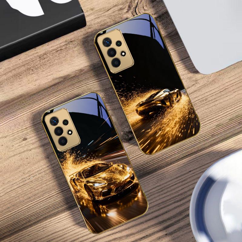 Flying golden supercar For Samsung A 01 52S A04 A05S A10 A12 13 22 23 24 36 42 M02 Note 10 20Ultra 8 9 Golden glass phone case