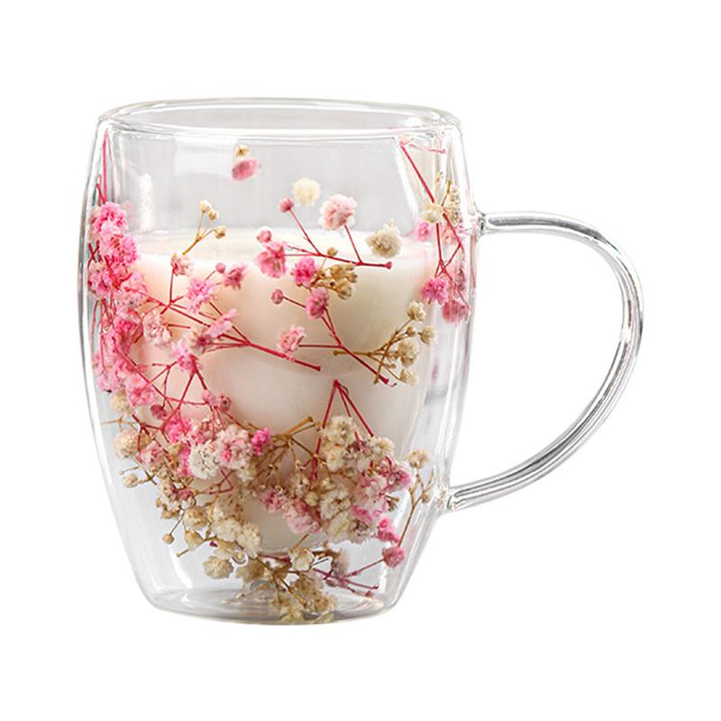 Dry Flowers Double Wall Glass Cup With Handle 350ml Double Layered Mugs Coffee Cups Heat Resistant Milk Mug Kitchen Supplies