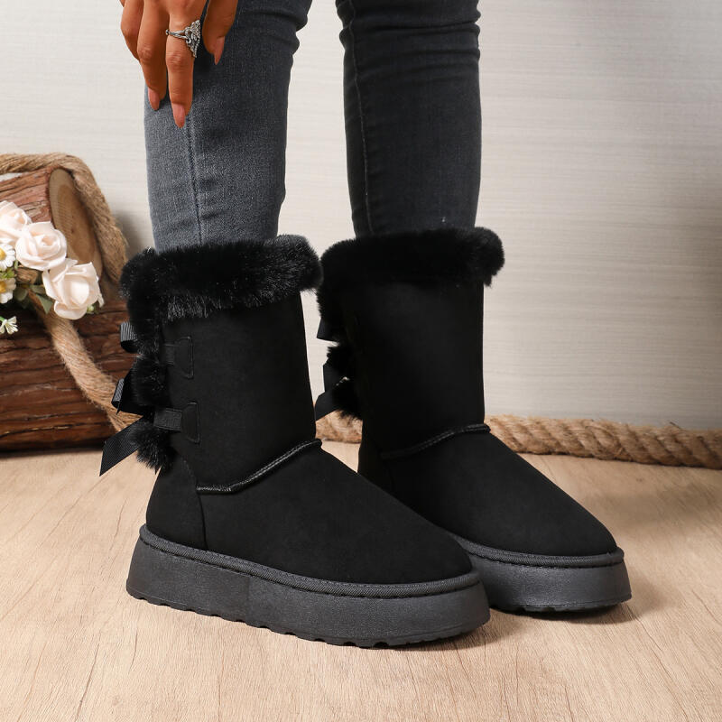Fashion Women's Fluffy Fur Snow Boots 2025 Winter Soft Thick Bottom Furry Ankle Boots Sweet Ribbon Bowknot Designer Shoes Plus Size 42
