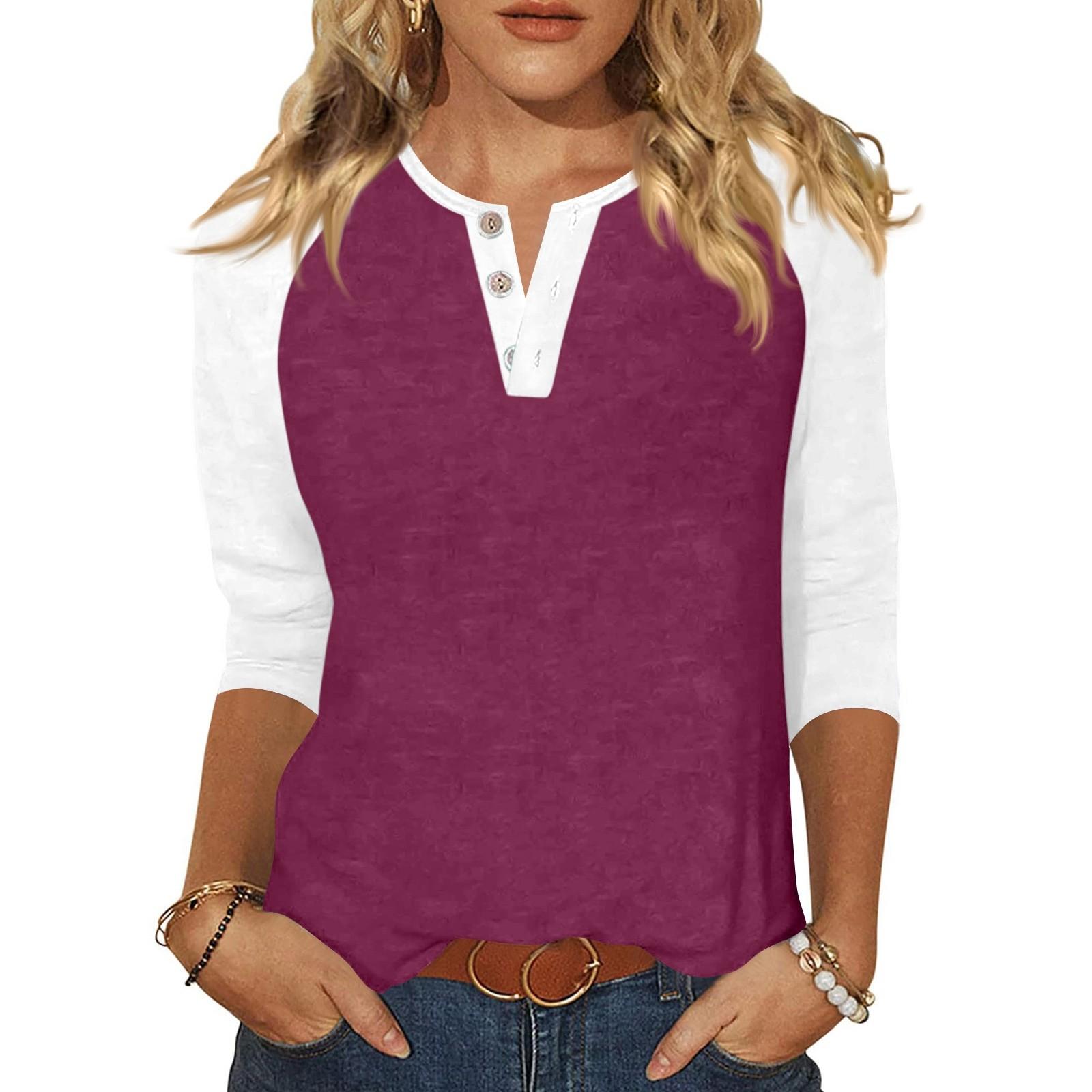 

Жен. Футболка С принтом Пуговицы Рукав 3/4 Повседневные Выходные Мода Классический Классический V-образный вырез Обычный Верх M винный