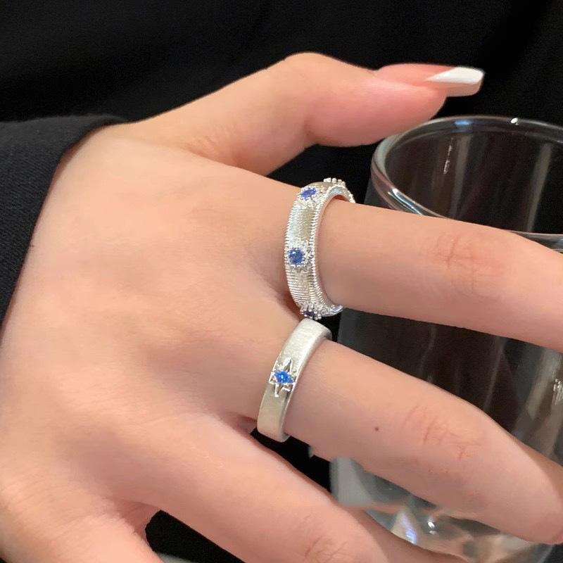 Sea Blue Zircon Brushed Ring Women's Light Luxury High-end Star Stacking Index Finger Ring Simple and Versatile Open Ring