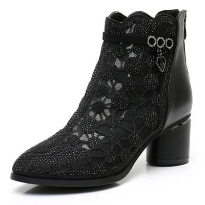 Damen Luftige Mesh Atmungsaktive Stiefel mit Western-Denim-Mittelärmeln Eckige Zehenpartie Dicke Absätze Vielseitige Kurze Stiefel
