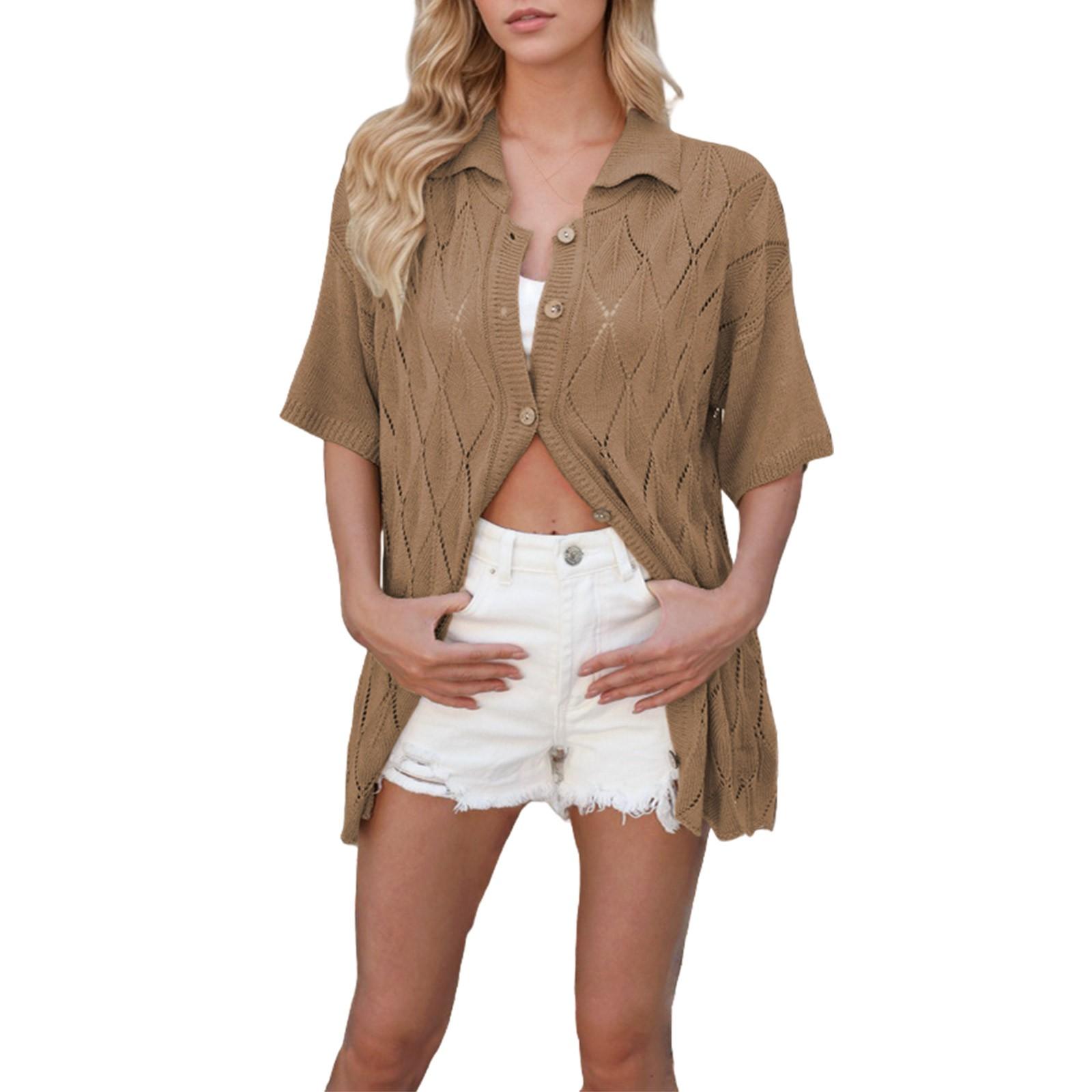 

Женский летний модный повседневный повседневный универсальный фактурный свободный кардиган с пуговицами и короткими рукавами M светло-коричневого