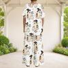 Women Plus Size Halloween Dog Printed Round Neck Short Sleeve Top Wide Leg Pants Two Piece Set