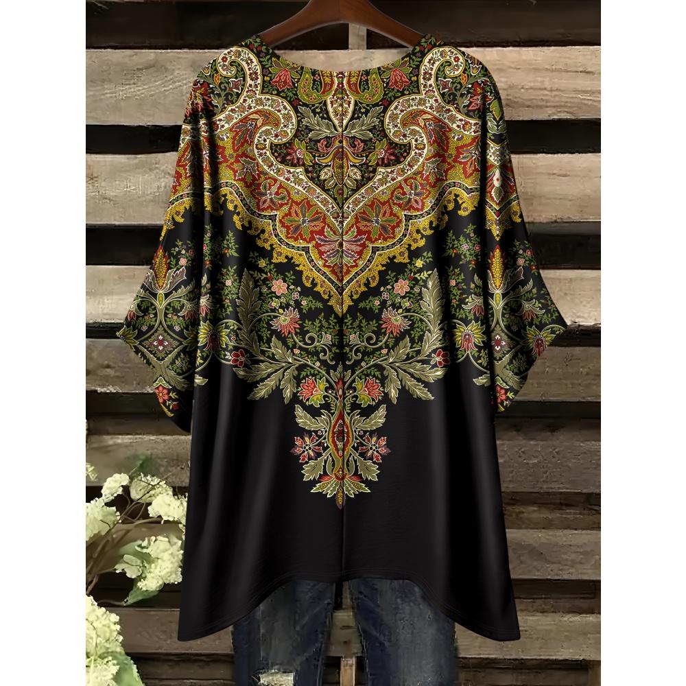 Women 's T-Shirt Simple Color Gradient Print Elegant Irregular Hem O- Neck Women's Clothing Casual T-Shirt Vacation Style Loose