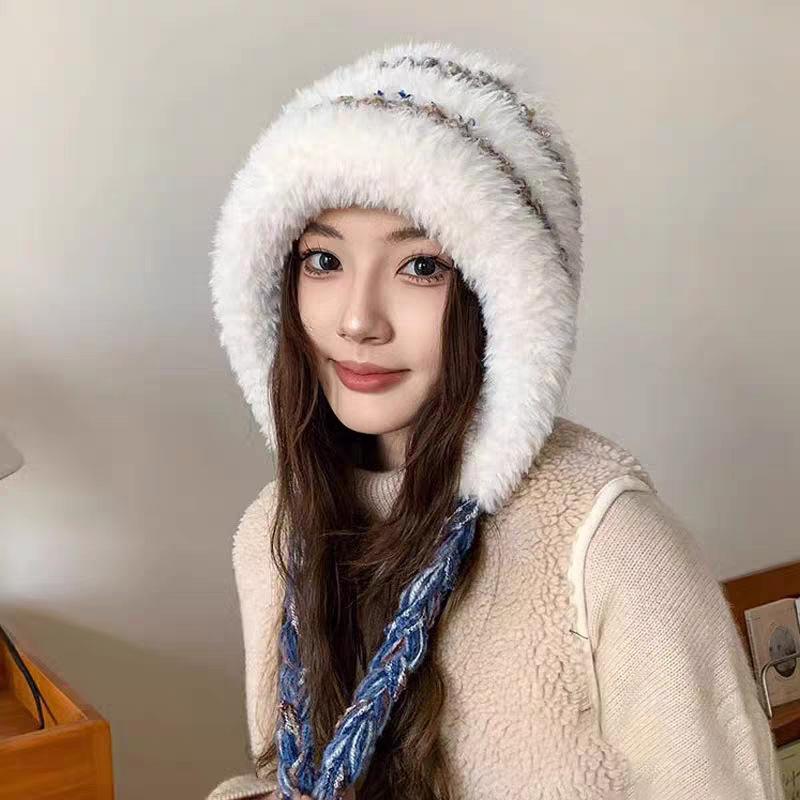 Autumn and winter rainbow candy beans plush wool hat women's plush hat thickened bag head, ear protection hat, warm knitted hat