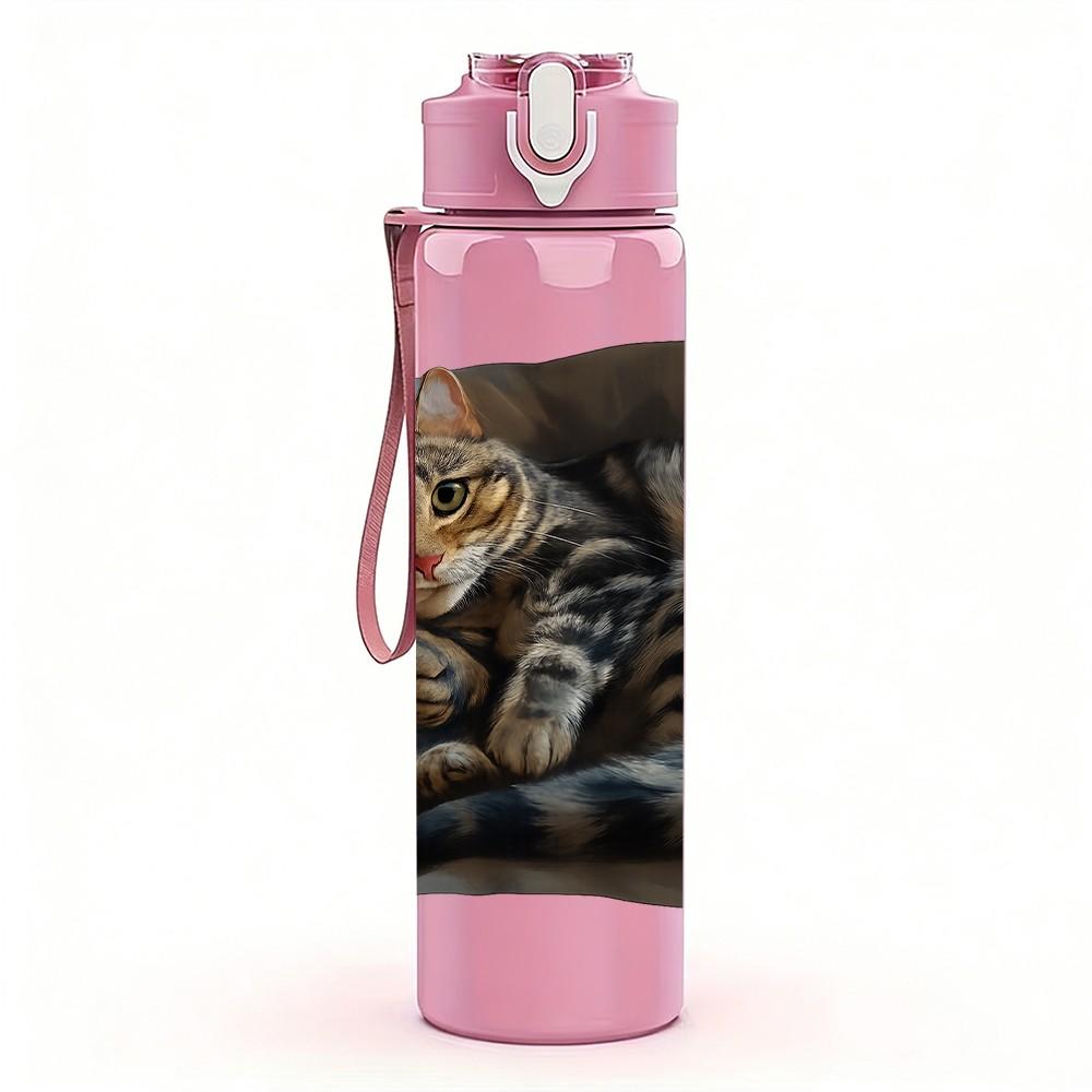 1PC Two Cats Rest On Pillow 750ml Color Plastic Sports Water Bottle Leakproof Flip Straw Lid Suitable for Sports Office Home Use