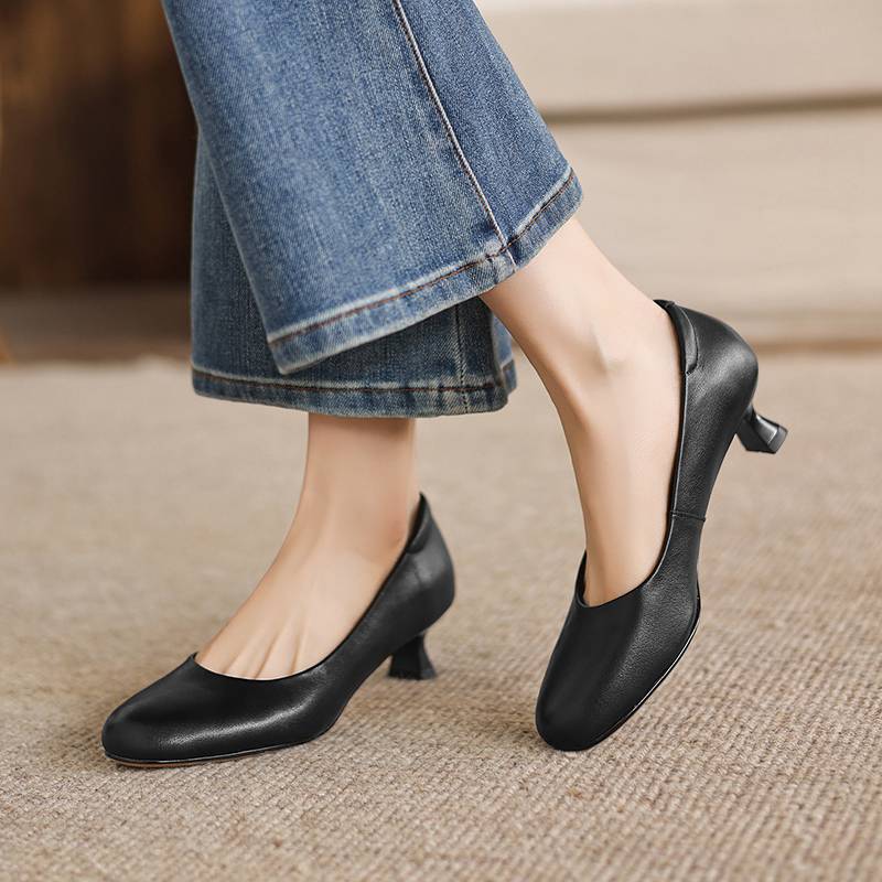 Krazing Pot Cow Skin round Toe stiletto Med Heels Summer Shoes Big Size 42 Beauty Lady Women Shallow Pumps