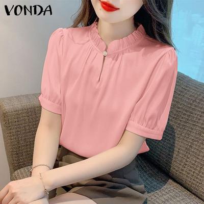 Women Casual Stand Collar Button Lantern Short Sleeve Solid Color Loose Blouse