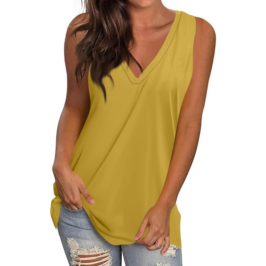 Women's Casual Fashion V-Neck Sleeveless Top Solid Color Vest T-Shirt