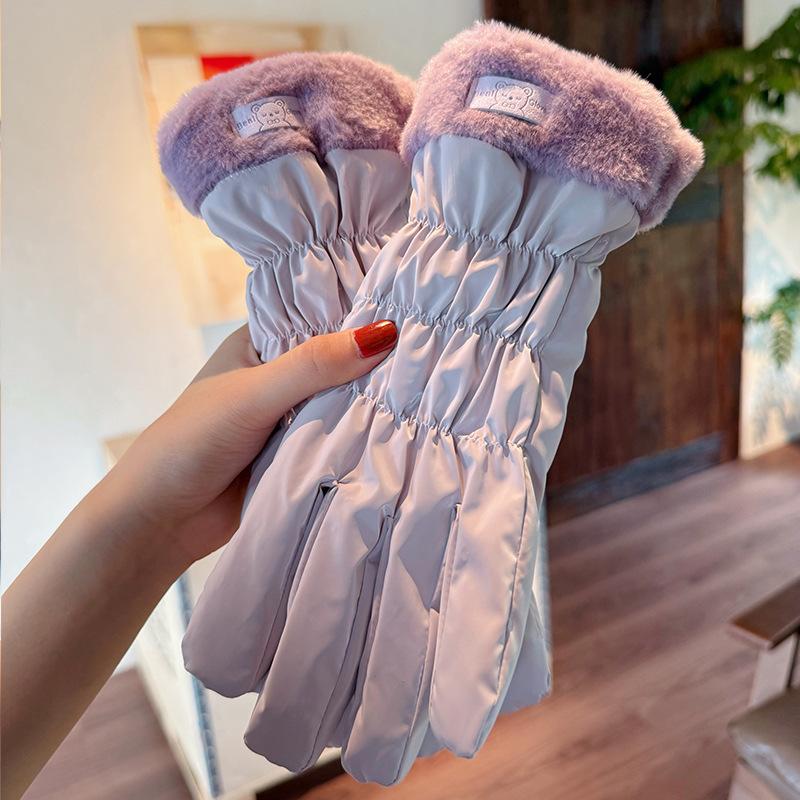 Student women's down cotton thickened cold-proof cute gloves women's season warm