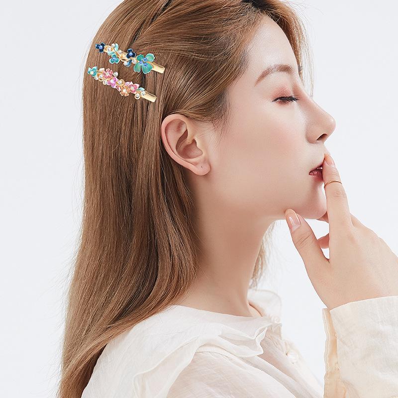 Alloy Hairpin Female Side Painted Paint Edge Clip Female Retro Style Flower Bangs Clip Rhinestone Duck Bill Clip