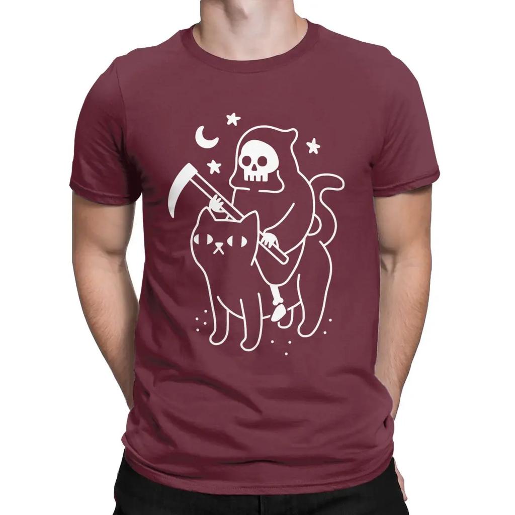 Men Death Rides A Black Cat T Shirts Halloween Skull 100% Cotton Tops Novelty Short Sleeve Round Neck Tee Shirt Gift T-Shirt
