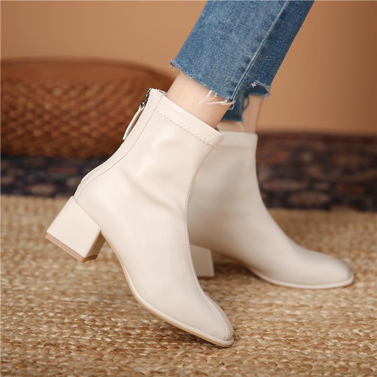 Women's White Mid-Calf Chunky Heeled Ankle Boots - Autumn/Winter 2025 French Style, Slimming, Medium Heel, Square Toe.