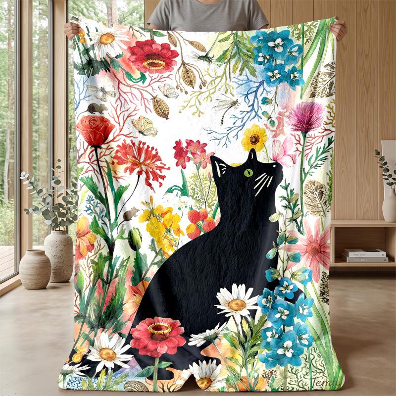 Black Cat in Basket blanket Personalized Name Flannel Blanket Soft Cozy Plush Throw for Sofa Bed Lightweight Home Decor