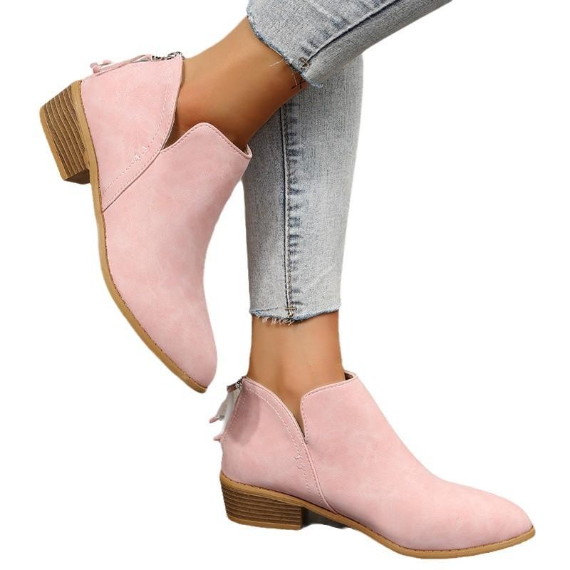 Four Seasons Women's Shoes Solid Color Pointed Casual Back Zipper Low Heel Thick Heel Fashion Boots
