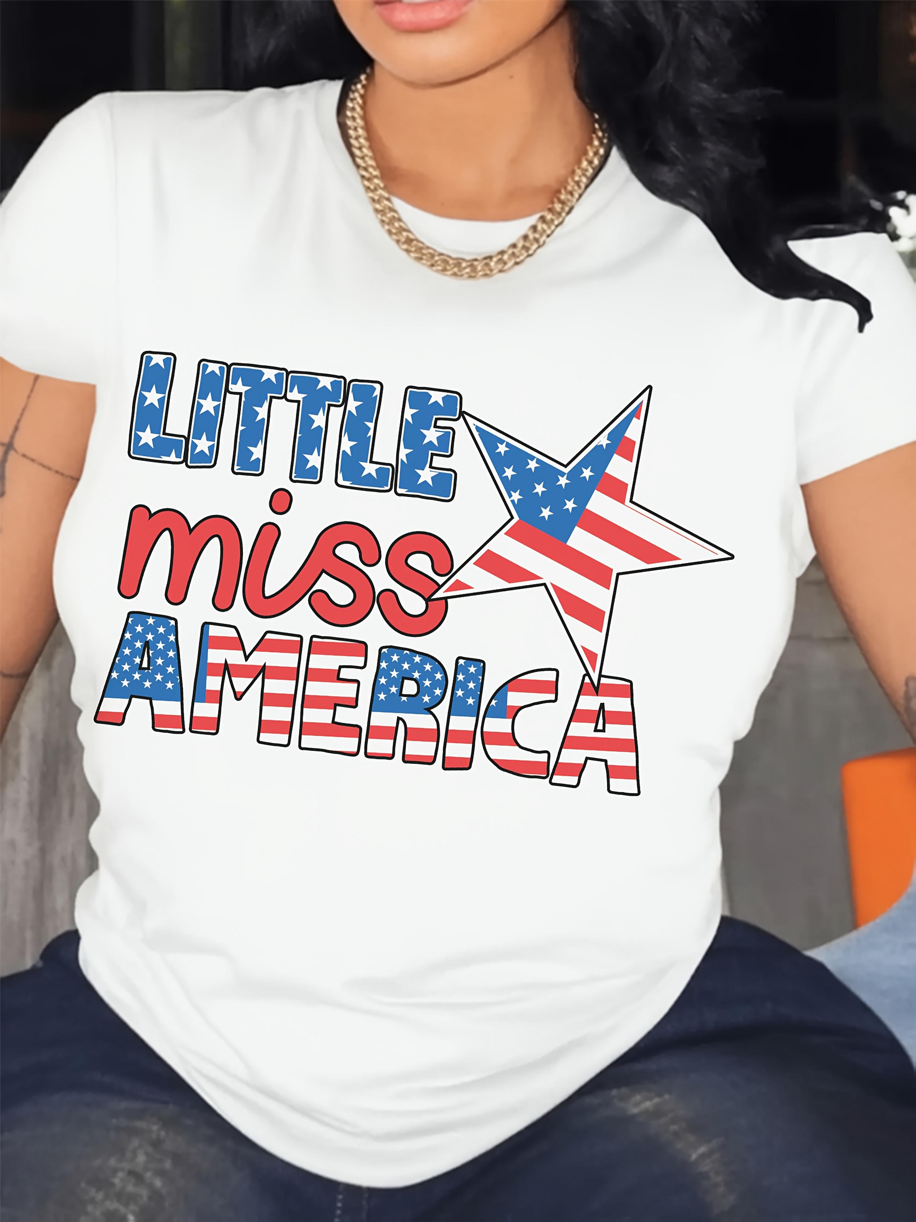 Stretch Sleeve Round Casual Summer Holidays Casual Attire American Womens Patriotic Graphic White American Flag Design Comfort S