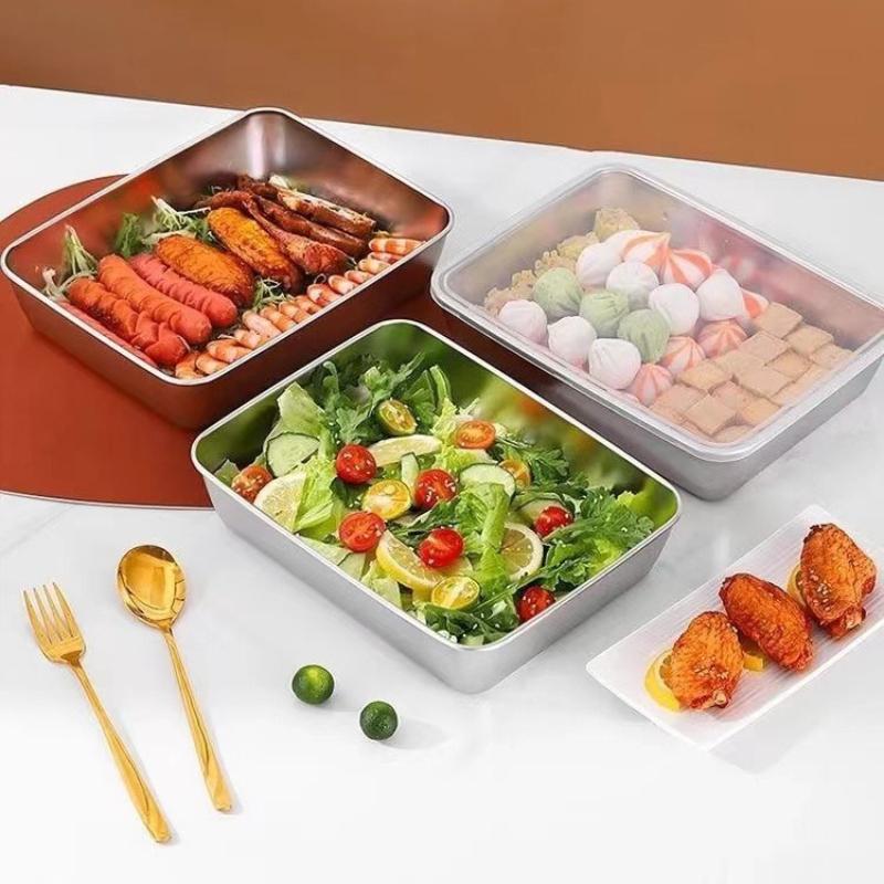 JUSTINLAU Stainless Steel Food Storage Plate with Lids Hotpot Preparation Plate Stackable for Meat Fruits Veggies Kitchen