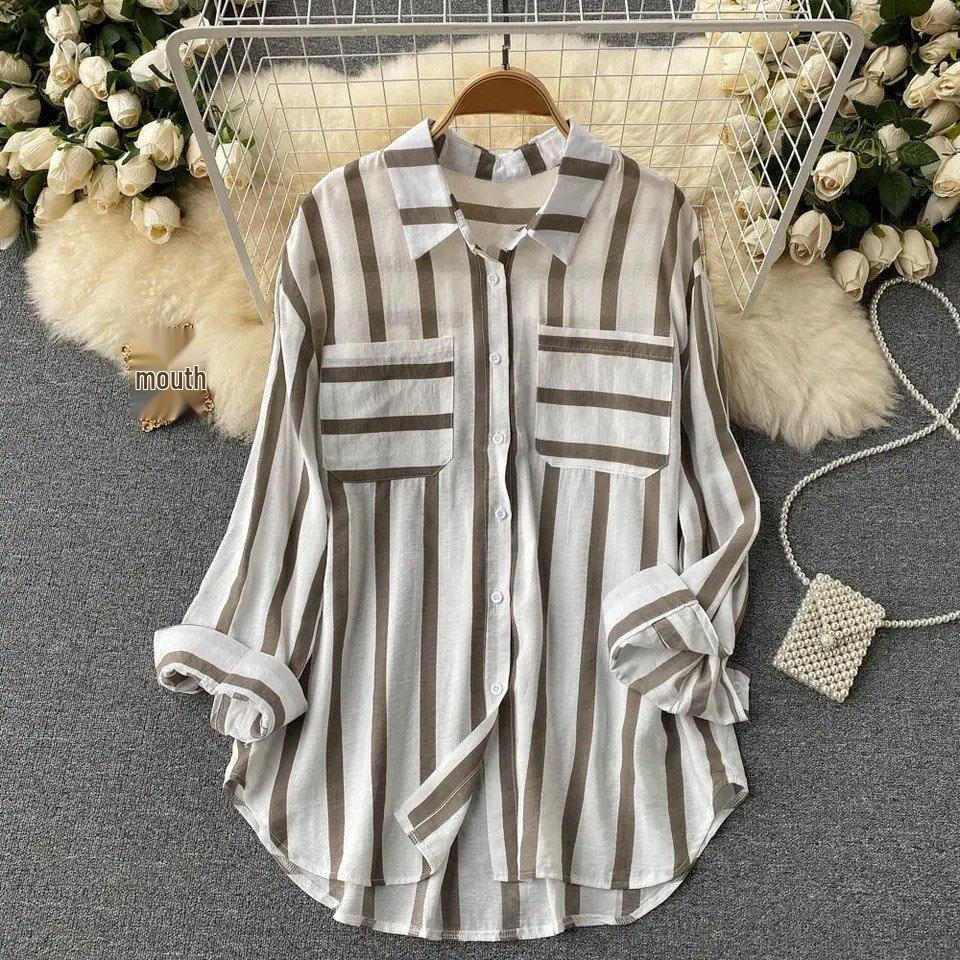 2026 Mittellange Mehrfarbige Vertikal gestreifte Hemdjacke - Damen Koreanischer Stil Lässiges Lockeres Oberteil für Frühling, Sommer und Herbst