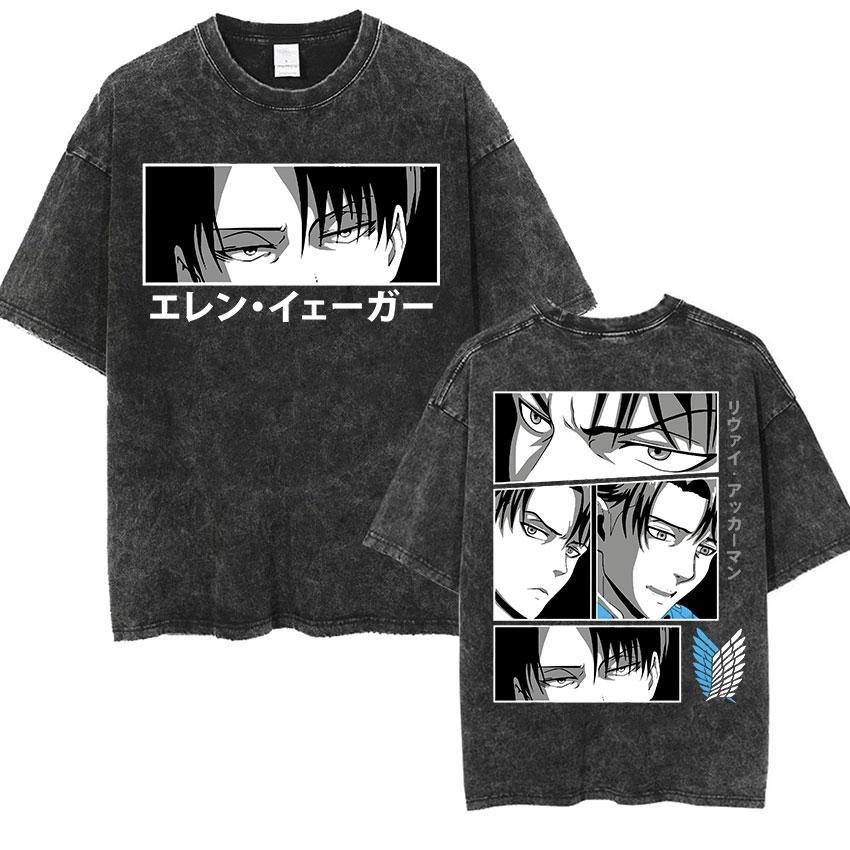 2026 Vintage Gewaschenes T-Shirt Mann Attack on Titan Damen Kurzarm-T-Shirt Streetwear Anime-Print Sommer Y2k Übergroße Lässige Oberteile