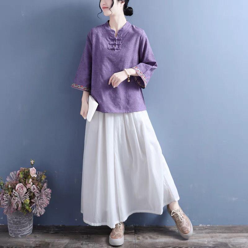 Women's Spring/Summer Embroidered Retro Chinese Frog Button Bell Sleeve Cotton Linen Shirt