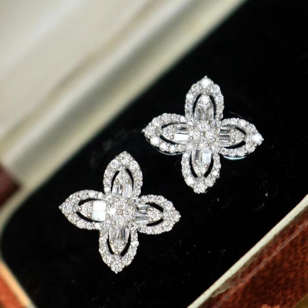Women Jewelry Set Four Leaf Clover Necklace Diamond Ring Minimalist Stud Earrings