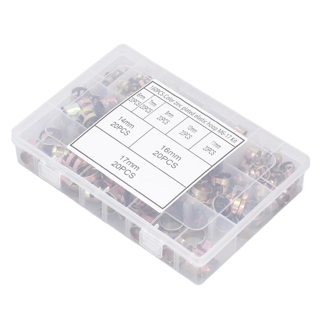 160 Stück Feder-Schlauchschellen 8 Typen 6–17 mm Federband-Typ Clip-Befestigungselemente Sortiment zum Befestigen
