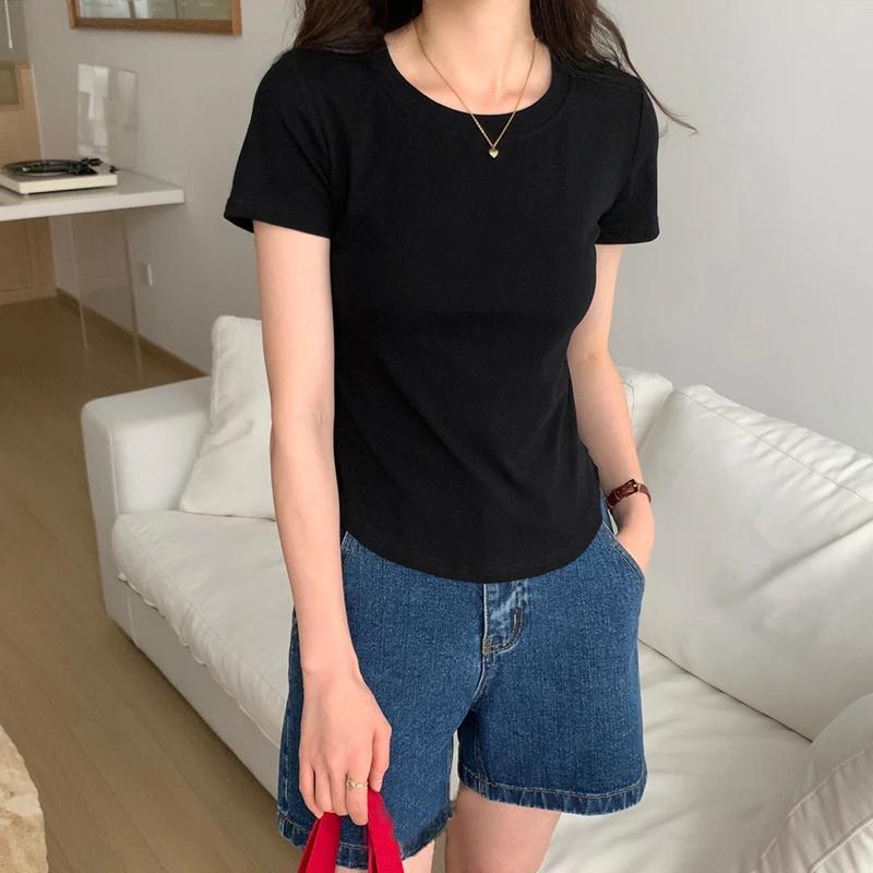 

Летние нерегулярные однотонные футболки женские футболки с круглым вырезом и короткими рукавами белые повседневные узкие эластичные топы y2k укороченные топы женская одежда XL