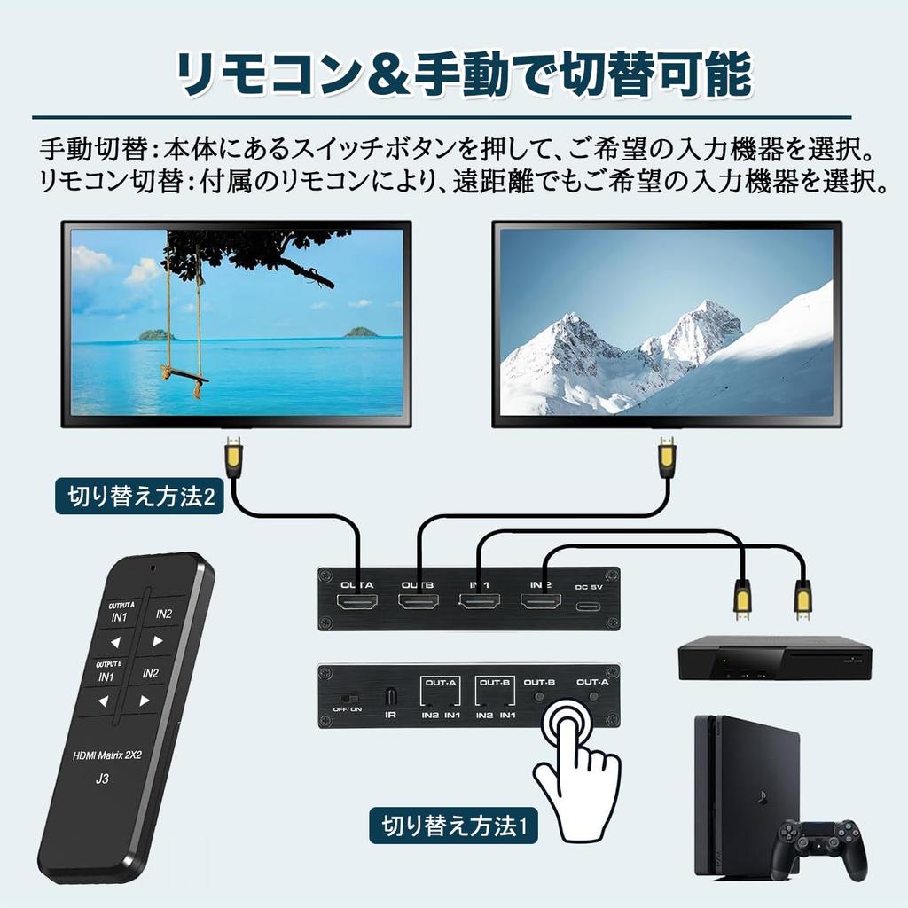 HDMI 2 Matrix Dual Screen Output or Single Screen Remote Control for Switch, Inputs/2 Outputs, Switch, Splitter, Selector, 4K@30Hz [Simultaneous