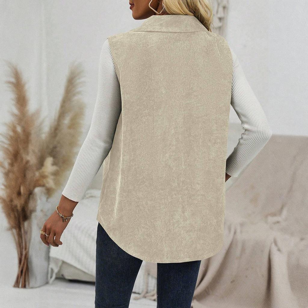 Women's Fashionable Solid Color Vest With A Collar And Cardigan, Casual Commuting Sleeveless Vest Jacket