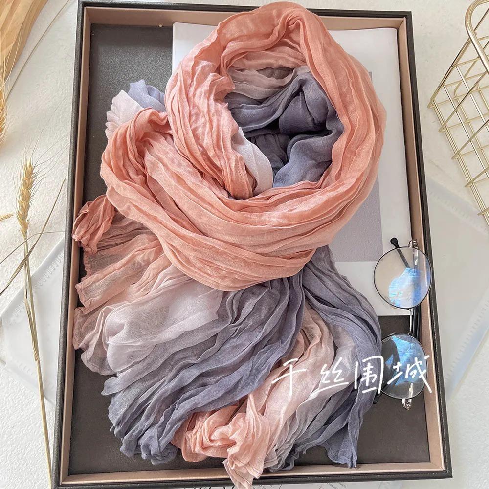 New Scarf Cotton Hemp Hand Feel Gradient Blue Autumn Winter Retro Versatile Printed Women's Long Fold Shawl Soft Fashionable