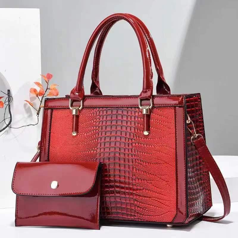 Stylish Two Piece Crocodile Pattern Mom Bag Chic Fashionable Shoulder Tote Bag In Black And Burgundy