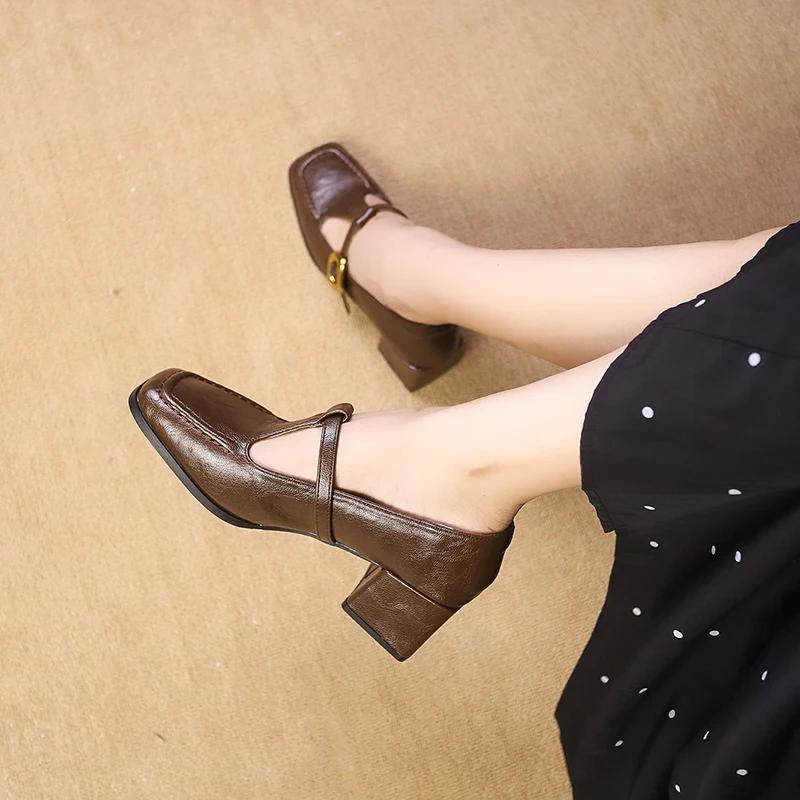 Fashion Brand Design T Strap Leather Shoes Women's French Square Toe Mary Jane Shoes Retro Brown Mid Heels Oxford Shoes Women's Pumps