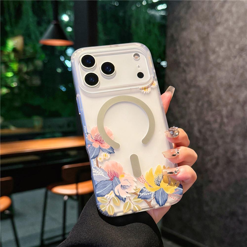 Suitable for iPhone 17 Promax Phone Case, Apple 17 Matte Skin Texture Flower 17 Pro Semi Transparent Magnetic Suction Case