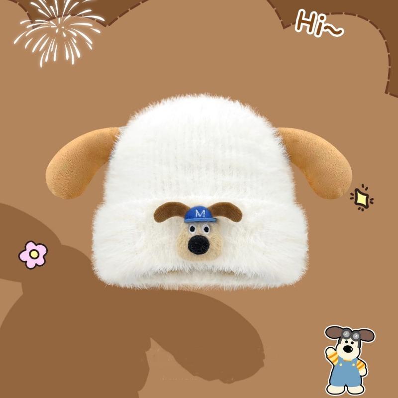 Cute and sweet cartoon puppy plush hat female autumn and winter thickened warm wool knitted hat bag head ear protection hat