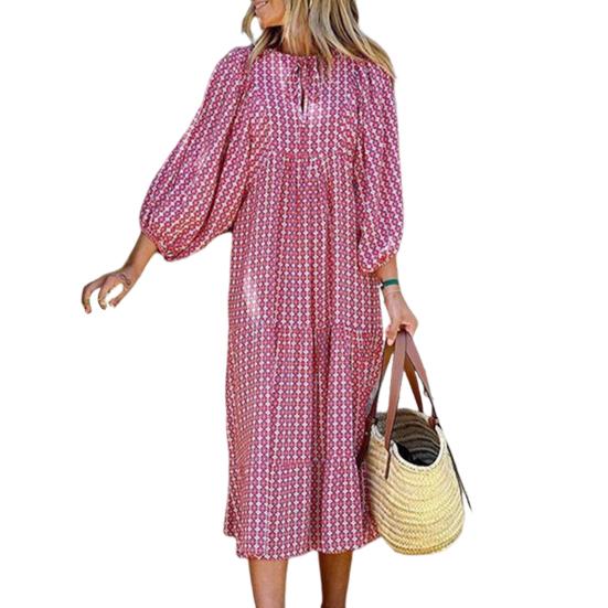 Women Dress V Neck Three Quarter Bubble Sleeve Geometric Print Loose Patchwork A-line Big Hem Flowy