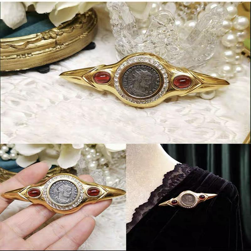 Vintage European & American Antique Coin Brooch - Glass, Women's Retro Jewelry