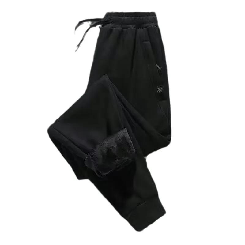 Men Winter Pants Drawstring Elastic Waist Ankle-banded Solid Color Thick Loose Soft Plush Men Jogging Long Trousers Sweatpants