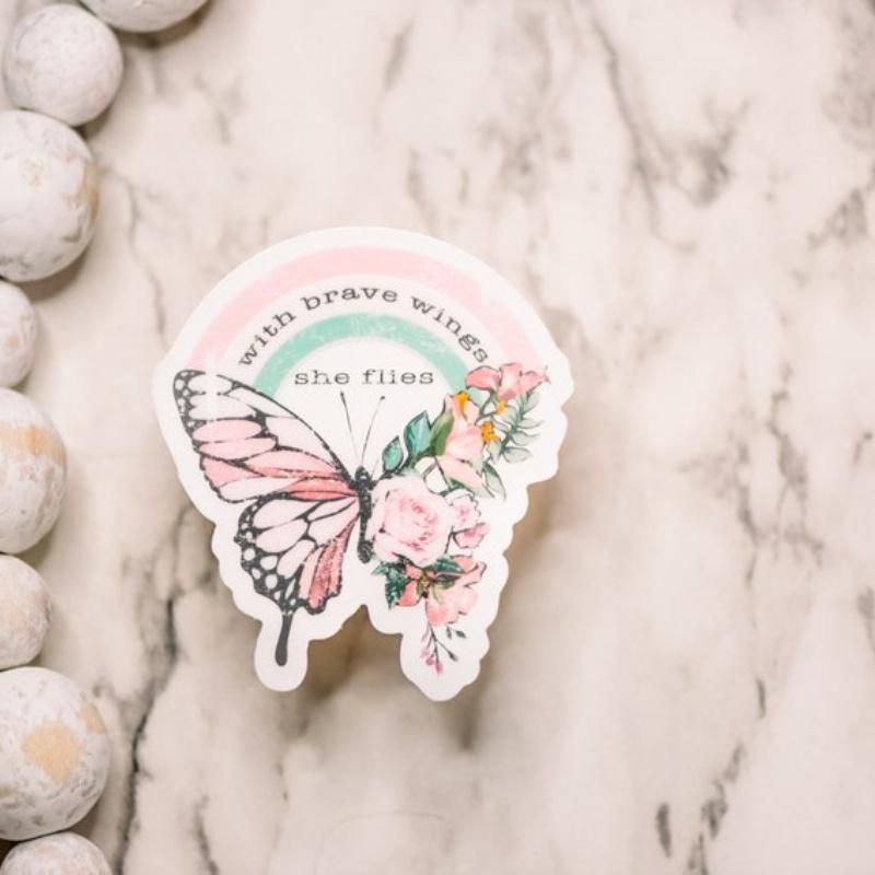 

Butterfly Sticker, With Brave Wings She Flies Label, Motivational Sticker, Animal Sticker, Butterfly Car Decal, Laptop Label, Vinyl Stickers 5PC