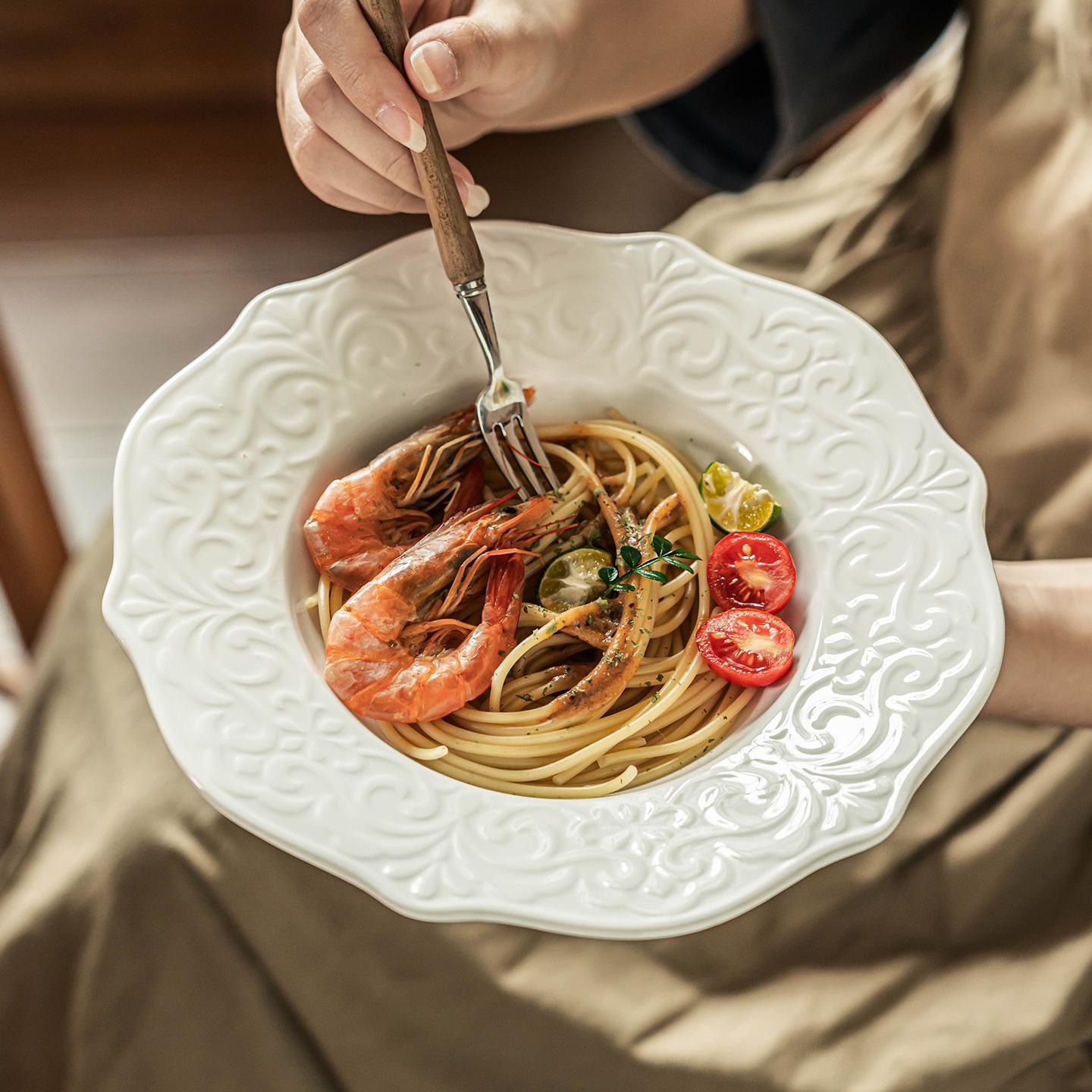 Wjg Pretty B Light French Embossed Bowl Ceramic Pasta Bowl Home Restaurant Vegetable Bowl Salad Bowl Tableware Western Dessert Bowl