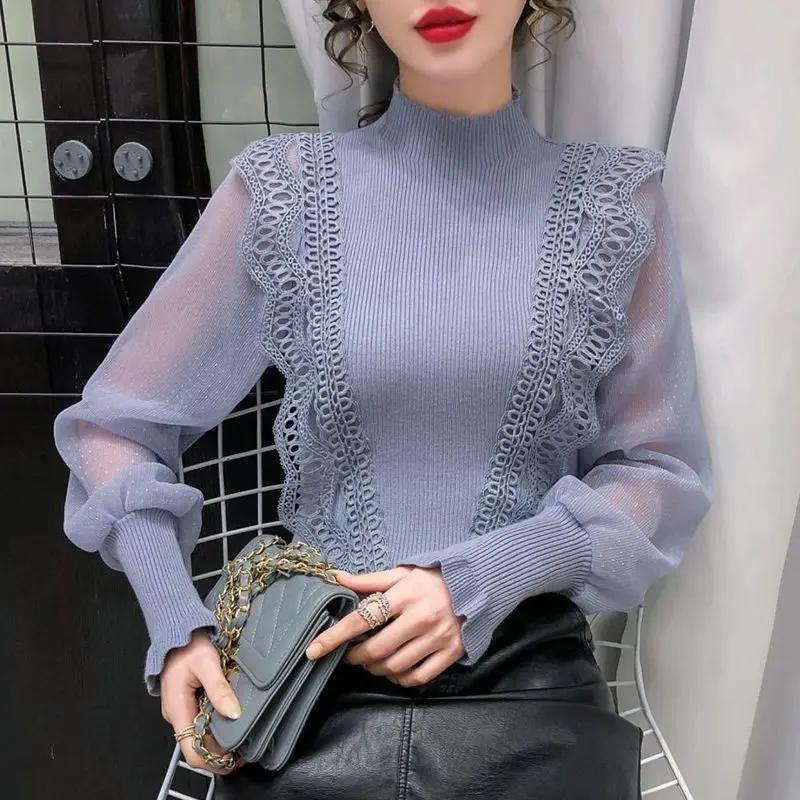 

Spring Women T-Shirts Stand Gauze Patchwork Office Lady Slim Lantern Sleeve Bottoming Shirt Knitted Tops S