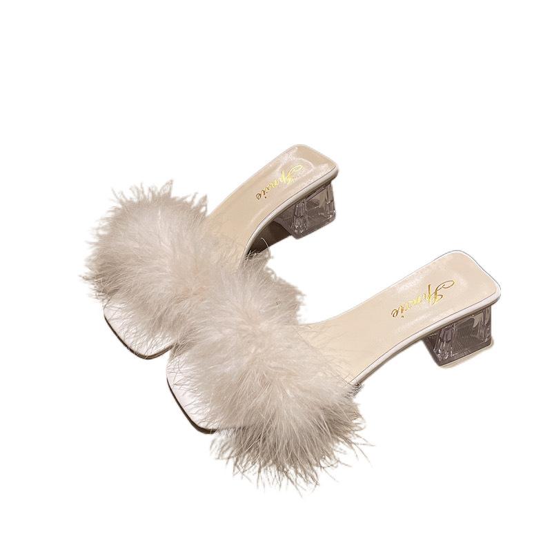 High-heeled Slippers Female Summer Wear 2025 New Fairy Wind Fluffy Slippers Internet Celebrity Thick Heel One-word Sandals Female