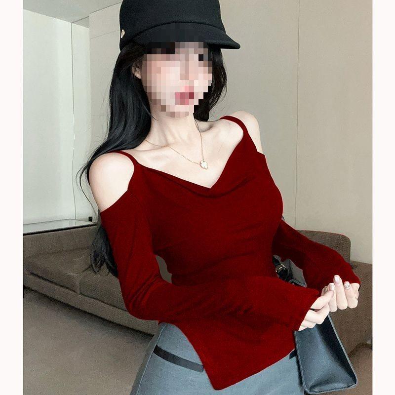 Plain Fabric Vneck Long Sleeve Tshirt With Embroidery For Women