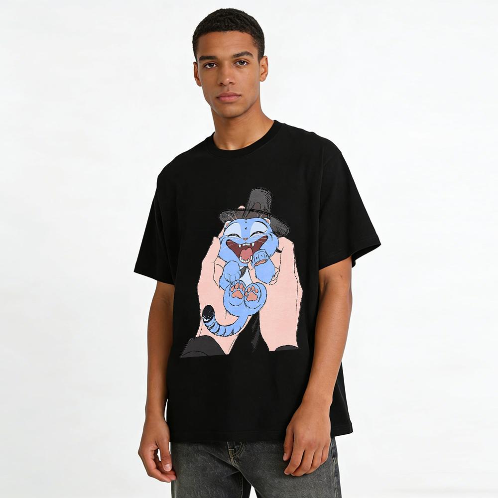 Cute Blue Cat In Hat Graphic Tee Funny Face-holding Cat Print Casual Top For Men Women Pure cotton T-shirt