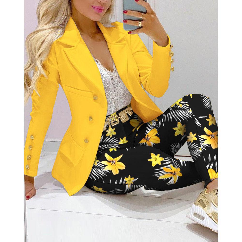 Spring Autumn Fahsion Blazers Pant Sets Casual Long Sleeve Print Coat And Pencil Pant Two Piece Set Office Elegant Suits Women