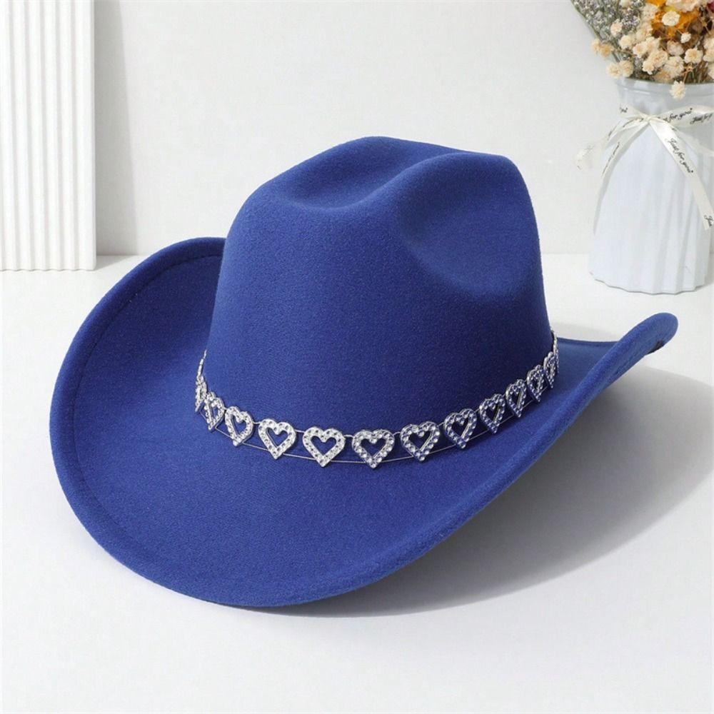Fashion Breathable Jazz Knight Hat Heart-Shaped Diamond Solid Color Cowboy Hat Wide Brim Sun Hat For Men Women