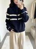 Contrasting striped zipper turtleneck sweater cardigan women's autumn and winter new design sense loose and thin versatile outerwear top