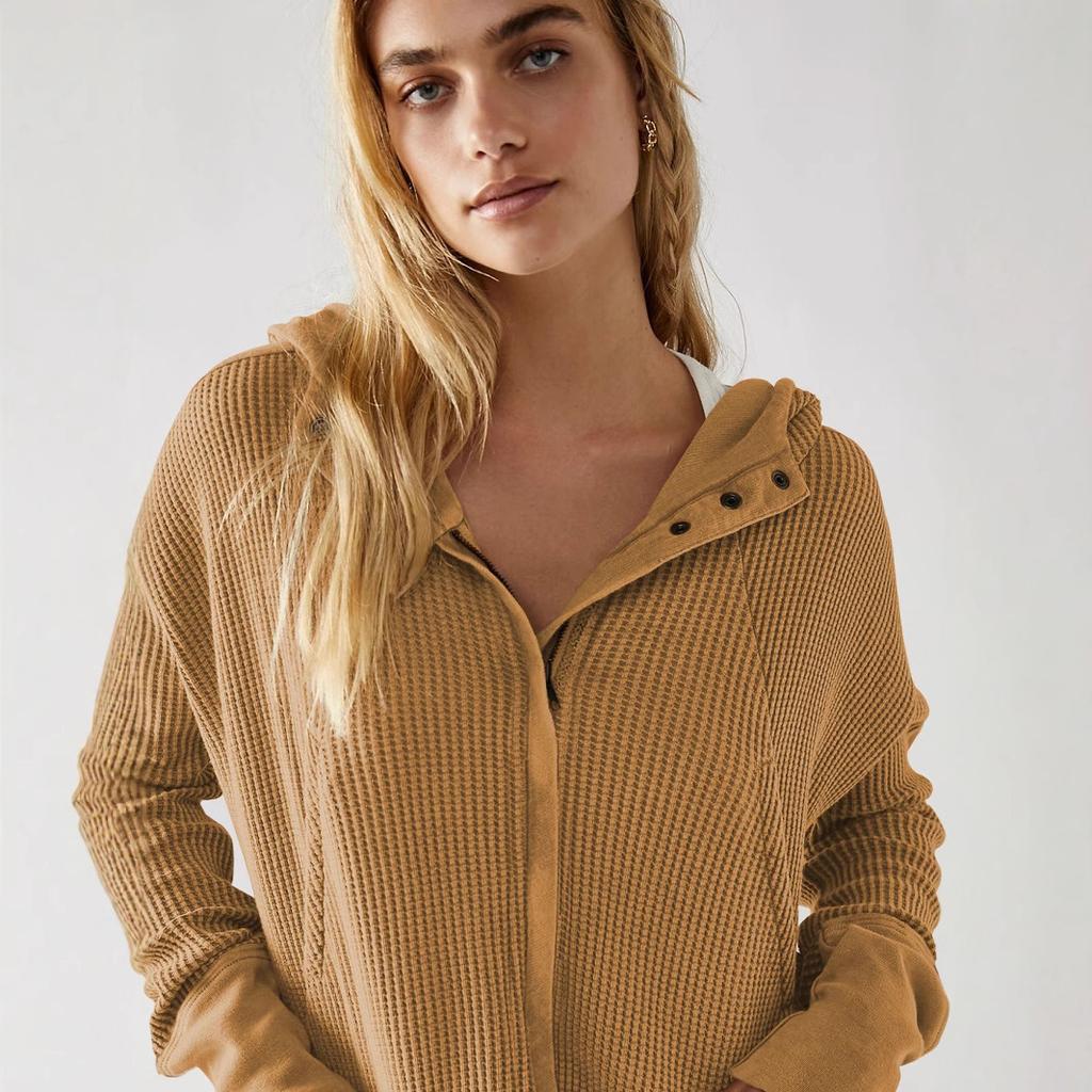 Women's Beige Knit Hooded Zip-Up Jacket with Pockets, Casual Loose Fit Pullover Coat
