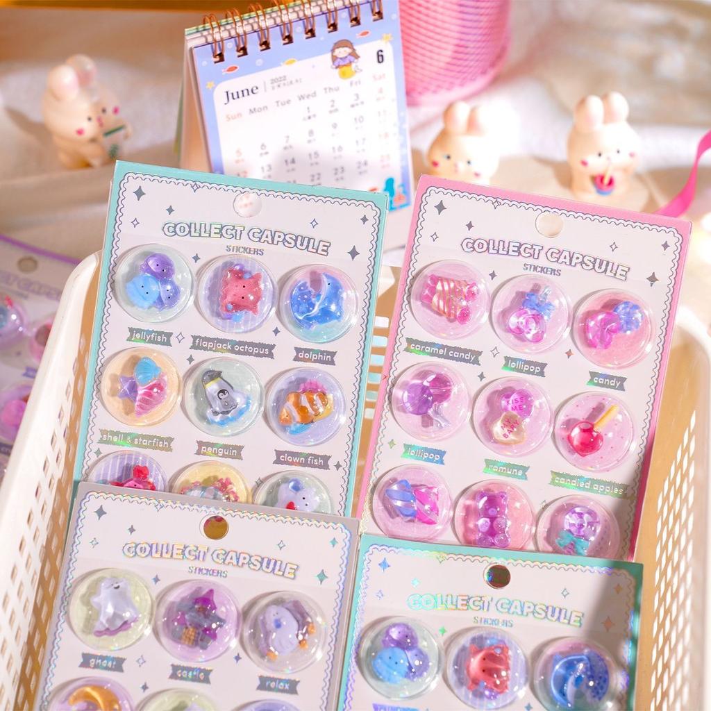 3 pcs/6 pcs Random 3D Creative Space Food Cartoon Round Relief Stickers Scrapbooking Diy Journal Cute Stationery Sticker